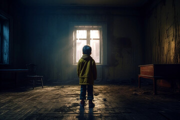 Young boy standing on the floor of a dark, abandoned room. Mysterious, scary place. No love, poverty, war, fear, child loneliness concept. Ai illustration, Generative AI - obrazy, fototapety, plakaty
