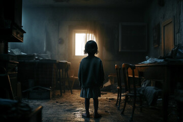 Young girl standing on the floor of a dark, abandoned room. Mysterious, scary place. No love, poverty, war, fear, child loneliness concept. Ai illustration, Generative AI