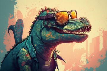 Hip-Hop Dinosaur: Cool Sunglasses and Cartoon Comic Illustration. AI