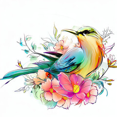 Serene Watercolor Bird with Colorful Plumage Resting on a Bed of Flowers, Generative AI