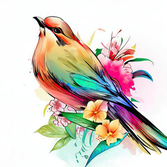 Obraz premium Whimsical Watercolor Bird in Vector Format Surrounded by Vibrant Blooms, Generative AI