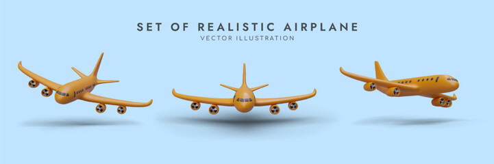 Set of cartoon realistic 3d airplanes in different positions. Yellow plane flying on blue background. Time for traveling concept. Advertising poster for airlines. Colorful vector illustration © ArtHub02