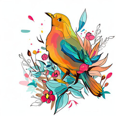 Delightful Watercolor Avian Artwork with Vibrant Floral Patterns, Generative AI