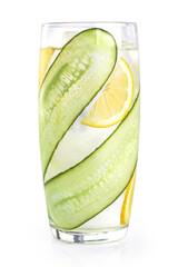 Cucumber, lemon, mint lemonade isolated on white background. Glass of cool water drink with...