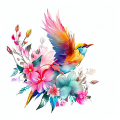 Whimsical Watercolor Illustration of a Colorful Bird in a Garden of Flowers, Generative AI