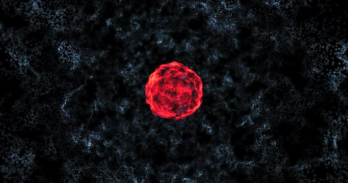 Abstract cosmic looping animation. An orange movable ball inside a bluish sphere of clumps of matter. 4k.