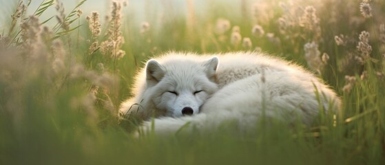 Arctic white fur fox peacefully resting and taking a quiet nap sheltered in tall grass field, alone and enjoying the warm late afternoon sunshine - generative AI