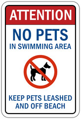 Beach safety warning sign and labels no pets in swimming area