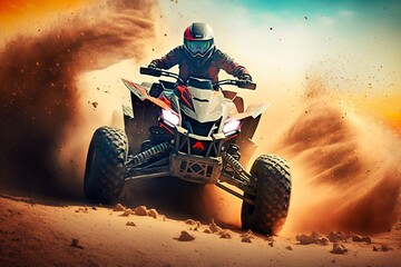 Extreme Quad Cross MX Rider on Dirt Track with Forest Background. AI