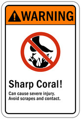 Beach safety warning sign and labels sharp coral