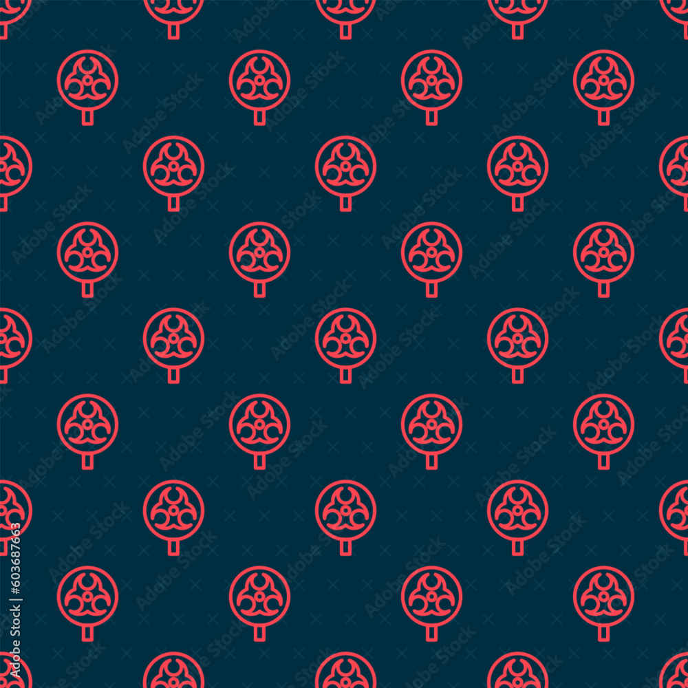 Poster red line biohazard symbol icon isolated seamless pattern on black background. vector