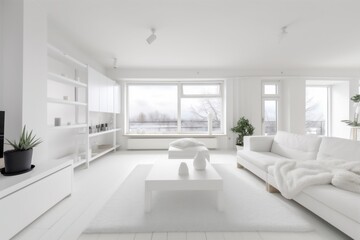 interior contemporary inside vase panoramic window sofa lamp kitchen house white design. Generative AI.