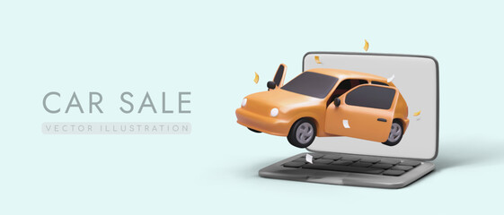 Car market. Site for sale of vehicles. Verified information about cars for sale. Product demonstration online. Choosing best product. Color advertising template with 3D illustration