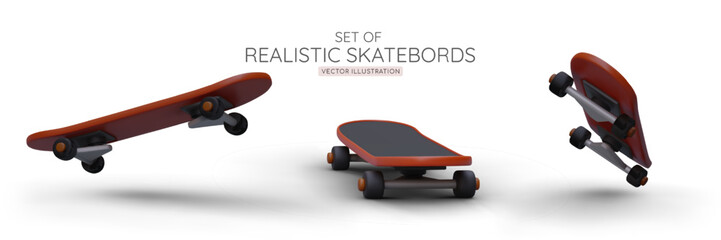 Collection of 3D skateboards with shadows. Time to do sports. Realistic skate in different positions. Balance training equipment. Boards for active leisure