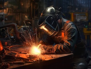 Welding man in a factory with protective mask