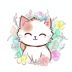Artistic Watercolor Cat among Vibrant Flowers, Generative AI