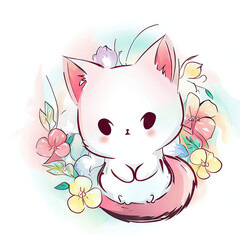 Playful Watercolor Cat Surrounded by Delicate Blossoms, Generative AI