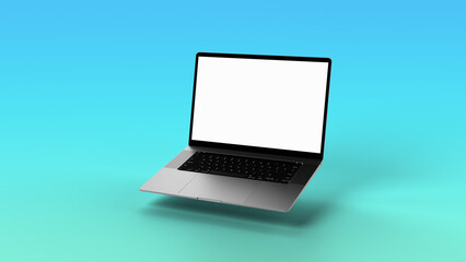 Modern laptop with transparent display in front of gradient background.