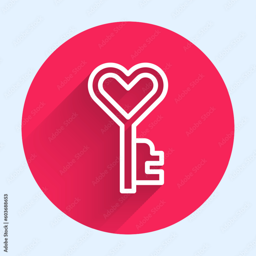 Poster white line key in heart shape icon isolated with long shadow background. happy valentines day. red c