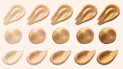 Realistic Smears of foundation, brush strokes set of tone. 3d vector illustration