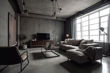 interior background contemporary green apartment simple living furniture concrete style loft. Generative AI.