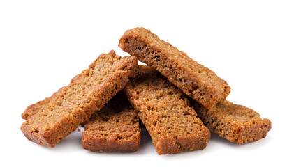 Heap of rye croutons close-up on a white background.