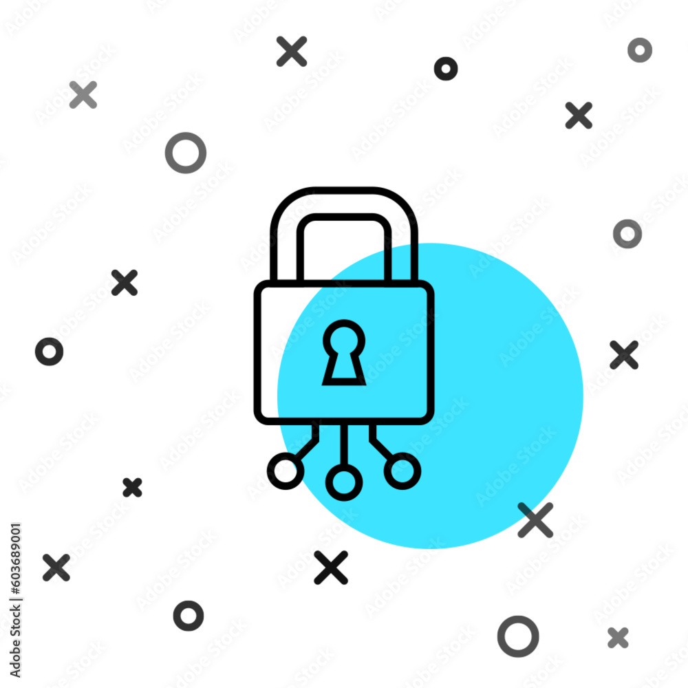 Aufkleber black line cyber security icon isolated on white background. closed padlock on digital circuit board