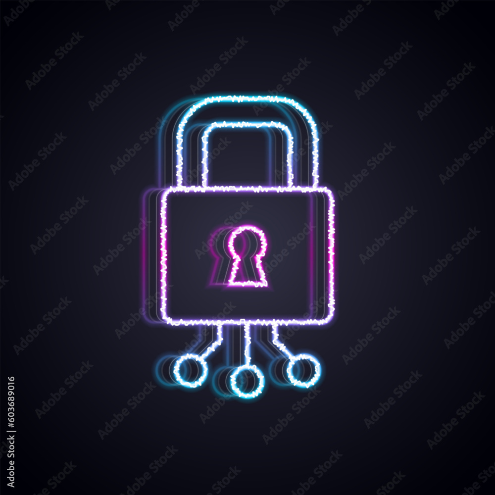 Aufkleber glowing neon line cyber security icon isolated on black background. closed padlock on digital circui