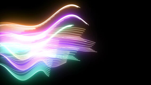 beautiful abstract neon lines animation with glowing beams rays in path way black background seamless video