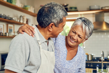 Cooking, hug and old couple in kitchen with smile, healthy marriage bonding in home and helping...