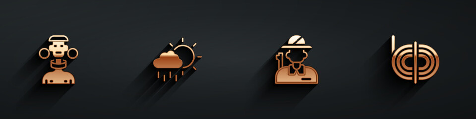 Set African tribe male, Cloud with rain, Hunter and Climber rope icon with long shadow. Vector