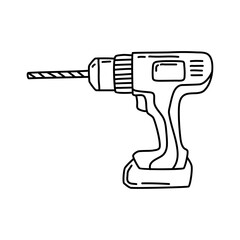 line art vector or doodle of screwdriver or Cordless drill on hand, isolated on white background