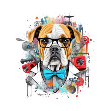 A minimalist Physician English Bulldog t-shirt design with a simple yet elegant image of the dog wearing a black bow tie and glasses, Generative Ai