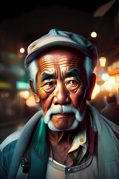 A close-up of an elderly Vietnamese man's face, illuminated by the firelight, with a dirty river and a shanty town visible in the background, shot with a 50mm lens, in a gritty, street-style photograp