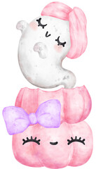 Cute Pink Ghost Halloween watercolor hand painted kawaii cartoon