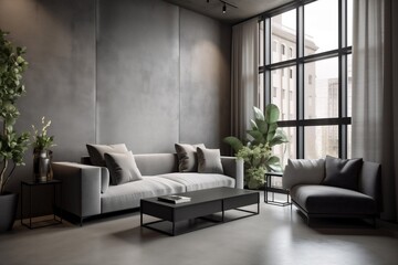 interior background lifestyle furniture modern couch concrete wall concrete room scandinavian carpet. Generative AI.