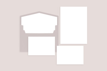 Set 5x3.5 and 5x7 cards mockup with beige envelopes