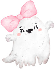 Cute Pink Ghost Halloween watercolor hand painted kawaii cartoon