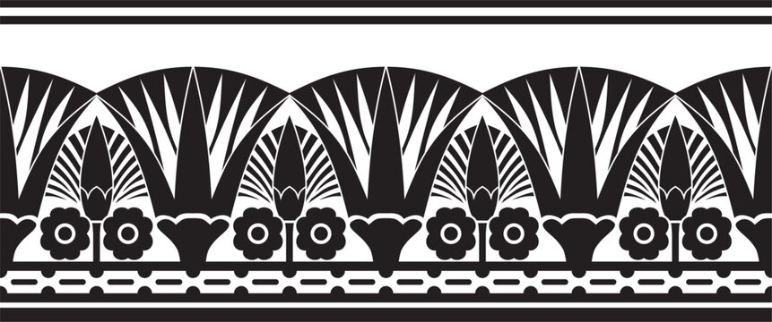 Vector monochrome seamless Egyptian border. Endless ornament of Ancient Africa. Pattern of lotus flowers and sun..