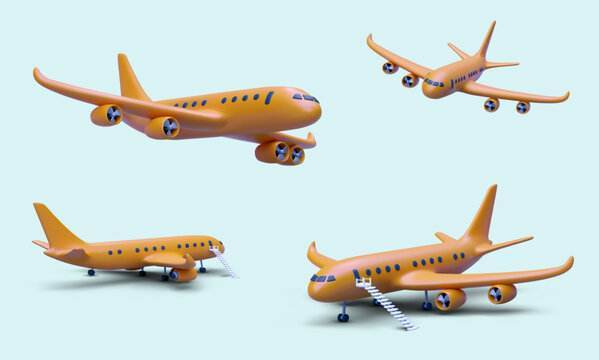 Passenger aircraft in flight and during boarding and disembarking of passengers. 3D images. Plane from different sides and in different positions. Realistic illustration set of air transport