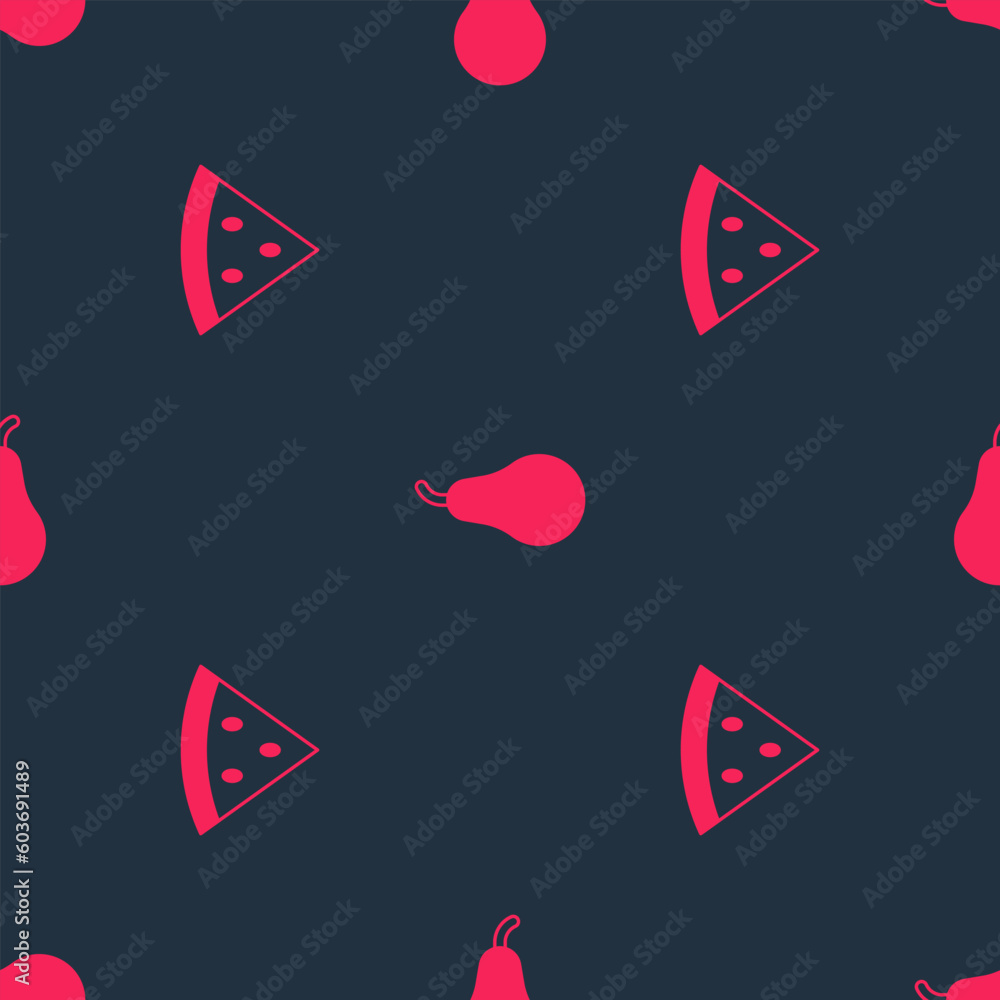 Poster set watermelon and pear on seamless pattern. vector