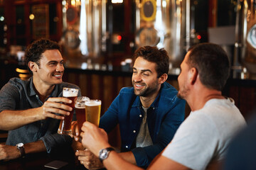 Beer, cheers and men drinking with friends at social event in a restaurant with happiness. Alcohol,...