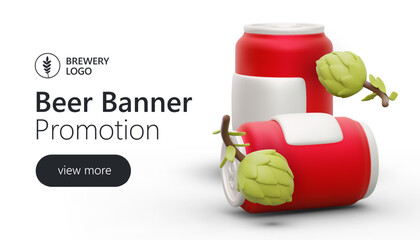 Red beer cans on light background. Bright advertising poster of beer products brewed from hops. Horizontal template with illustration and place for slogan. Clear button for user to go to your site