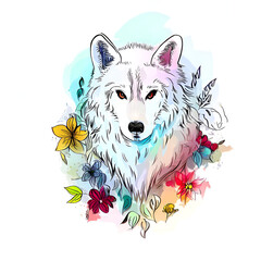 Majestic Watercolor Illustration of a Wolf amidst Colorful Flowers, Generative AI