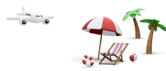 Time to travel concept poster in 3d realistic style with palm tree, airplane, bitch ball, lifebuoy, beach chair ,umbrella .Vector illustration.