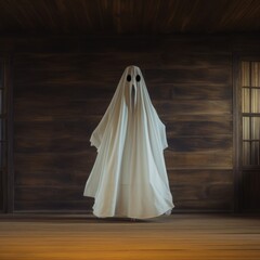Illustration for Halloween - A ghost dressed in a white costume standing on a wooden floor, in the style of light orange and dark gray. Generative AI