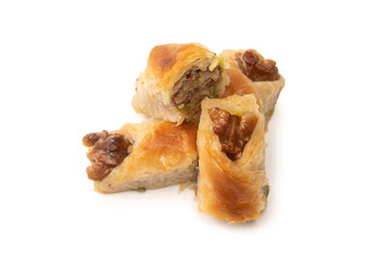 Delicious sweet baklava with walnuts isolated on white background.