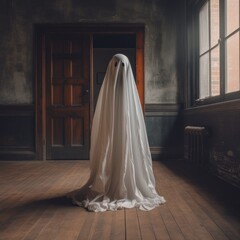 Illustration for Halloween - A ghost dressed in a white costume standing on a wooden floor, in the style of light orange and dark gray. Generative AI