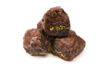 Turkish chocolate baklava isolated on white background.