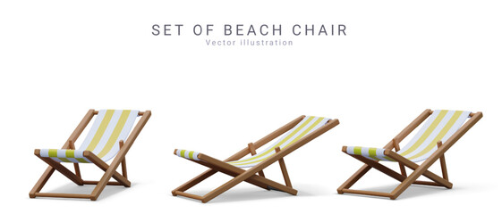 Set of 3d realistic render beach chairs with shadow isolated on white background. Vector illustration